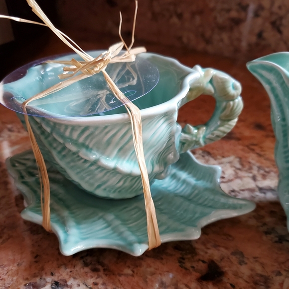 Blue Sky Clayworks Aqua Seashell Figural Teacup&Saucer and Creamer 3 Piece Set - Picture 5 of 8